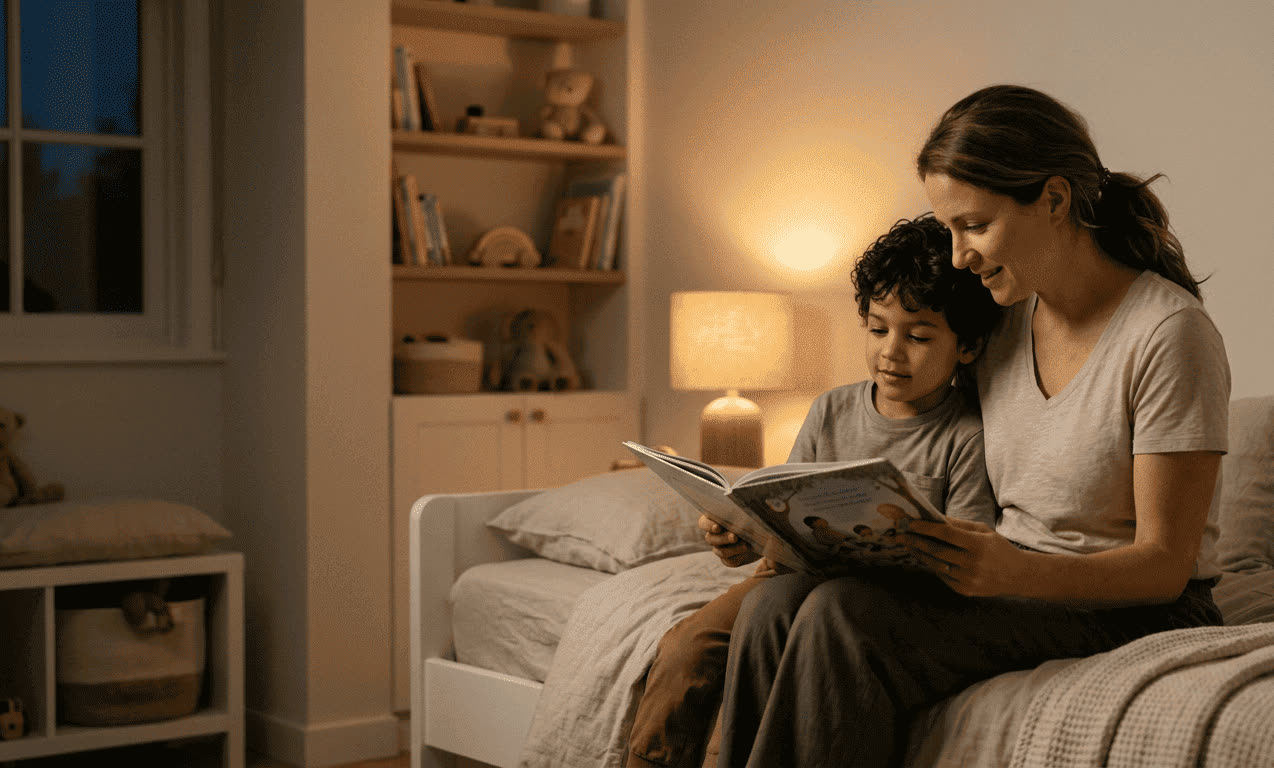 Mãe e filho lendo uma história na cama, à luz do abajur, na hora de dormir